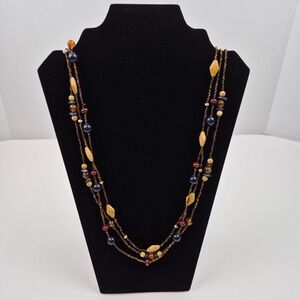 Boho‎ Chic Multi Strand Beaded Necklace 34" Brown Black Tan Tribal Style